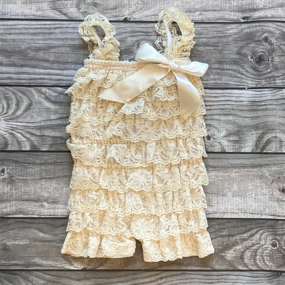 Lace Baby Romper Antique White with satin ribbon 6-12m